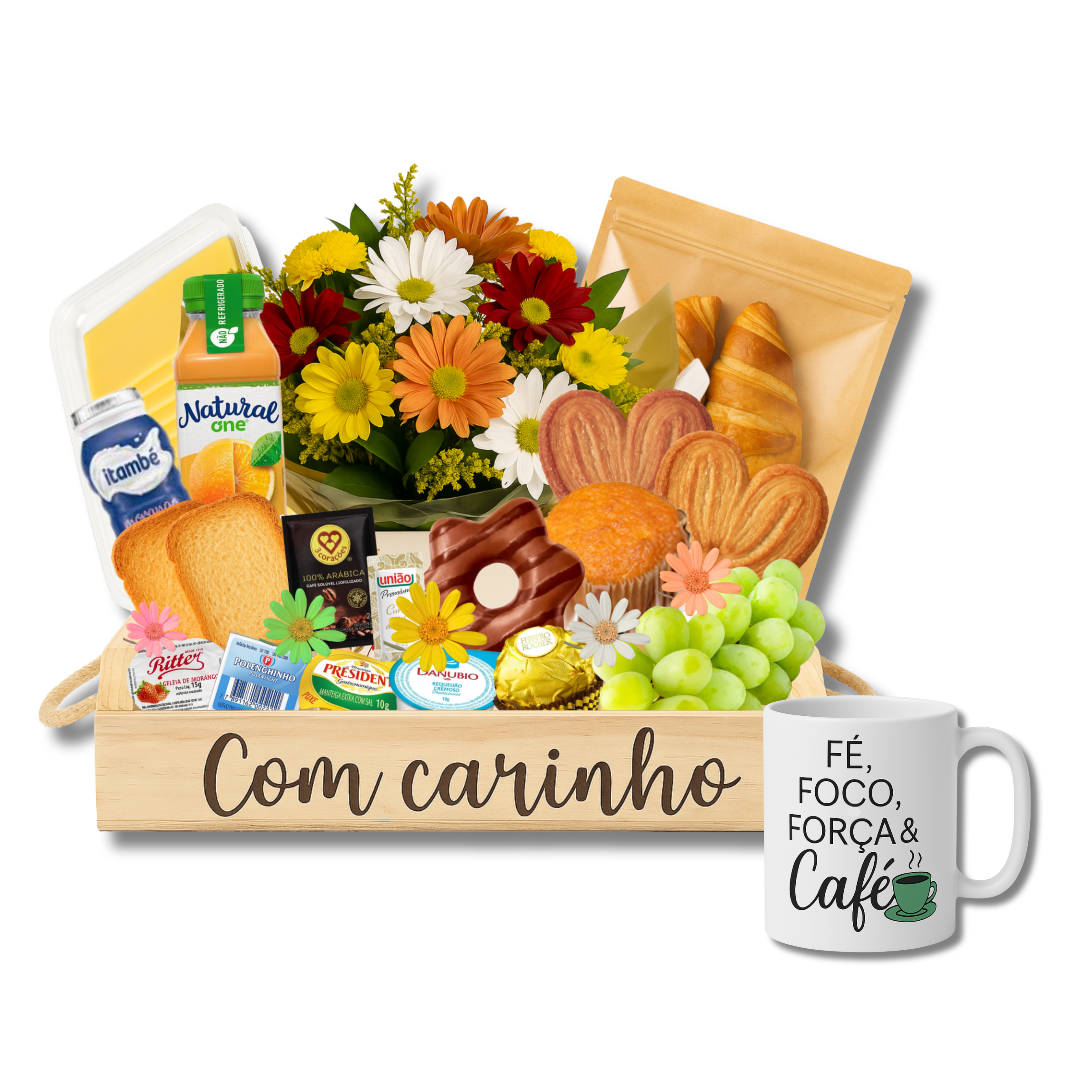 Cesta Gourmet Delcia de Caf com Arranjo Floral e Caneca